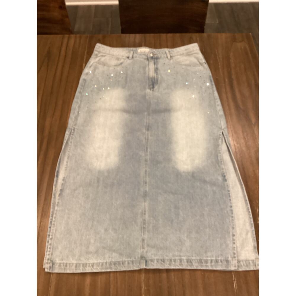 Rebecca Minkoff rhinestone embroidered High Side Slit Midi Denim Skirt Cotton 16